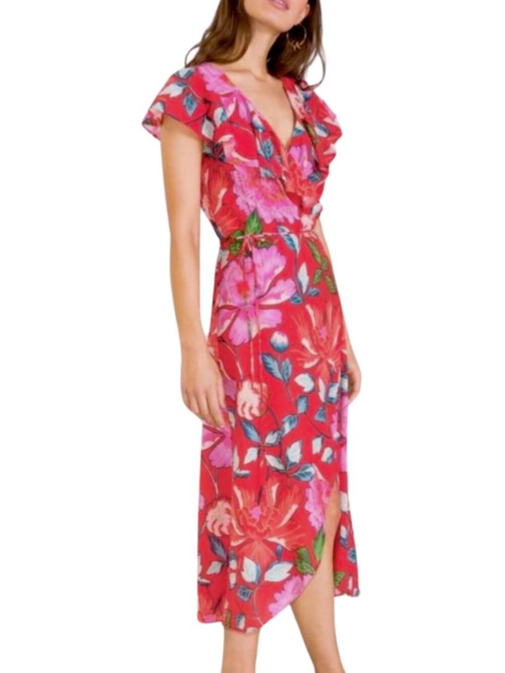 Paris Atelier & Other Stories Red Floral Ruffle Wrap Midi Dress 100% Cotton Sz 6
